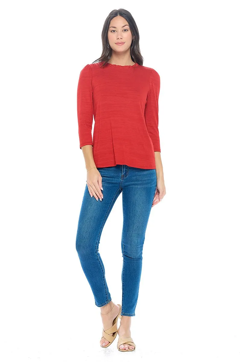 Myra Three Quarter Sleeve Slub Tee with Ruffled neckline