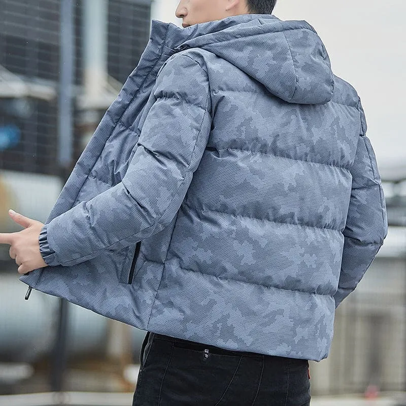 Puffy Gray Men’s Cotton-padded Jacket with Detachable Hood