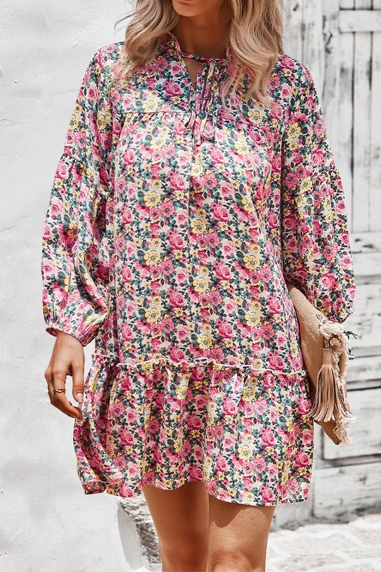 Women’s  Tie Neck Ruffle Pleated Floral Babydoll Graceful Dress